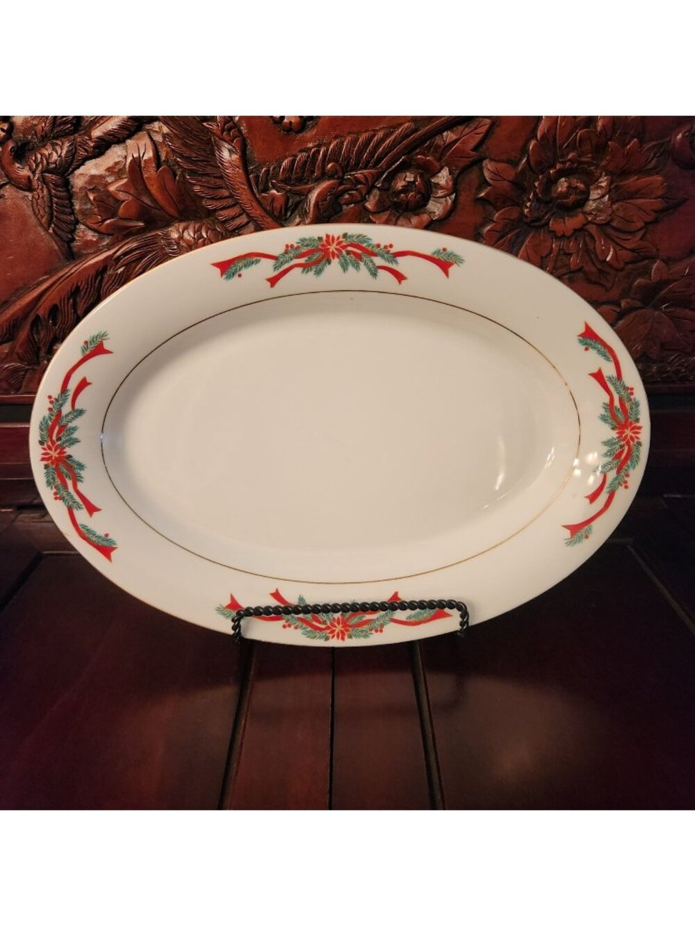 Vintage Oval Christmas Serving Platter with Festive Red & Green Ribbon